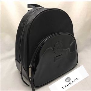 NIB Versace Parfums Black Parent Leather Backback